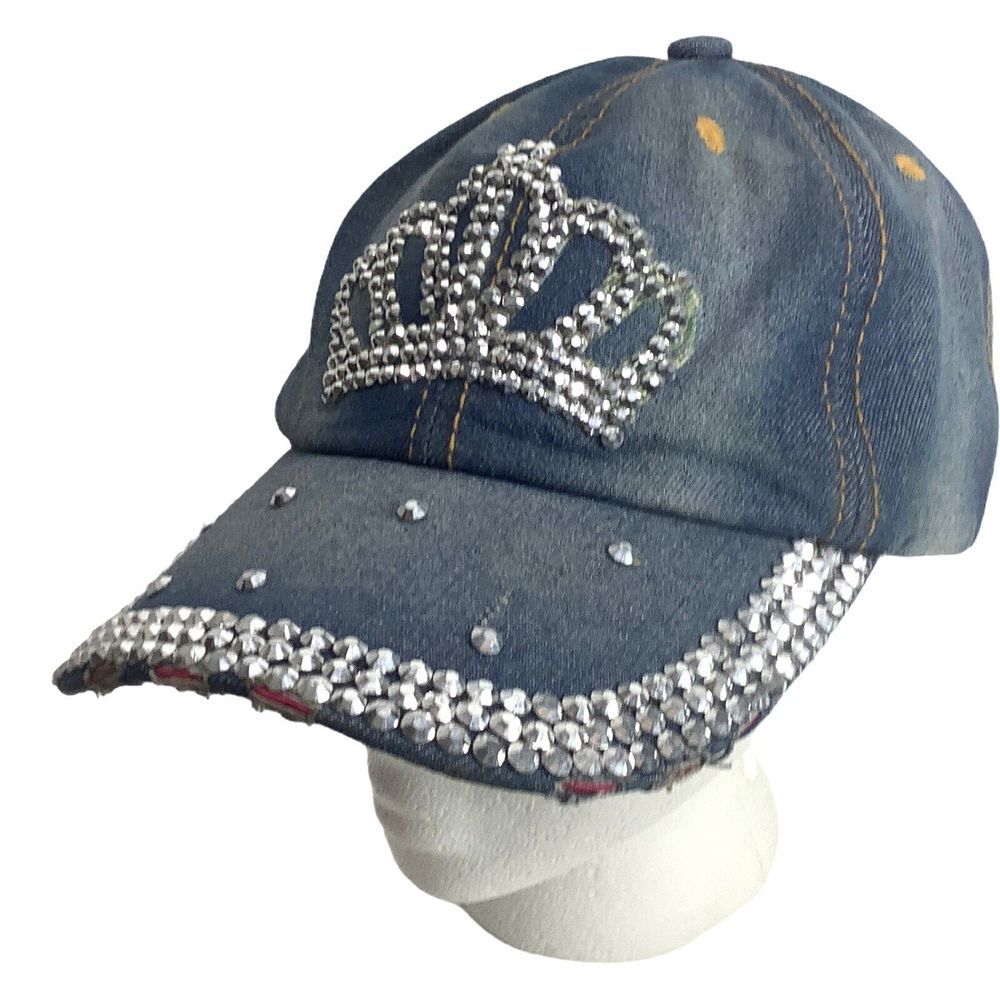 Womans‎ Denim Baseball Cap Blue Sequins Studded Crown Cotton missing Rhinestones